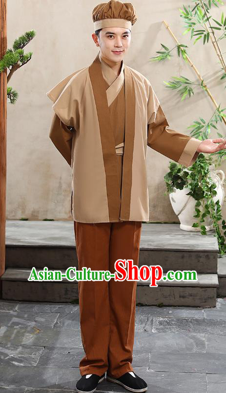 China Ming Dynasty Waiter Civilian Male Stage Performance Khaki Suits Ancient Drama Clothing and Hat