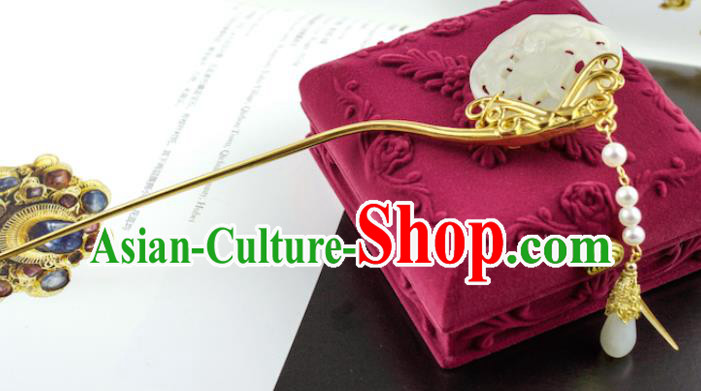China Handmade Tang Dynasty Jade Hairpin Traditional Hanfu Hair Accessories Ancient Empress Golden Hair Stick