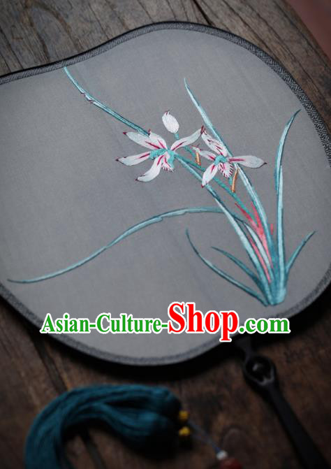 China Traditional Song Dynasty Hanfu Fan Handmade Embroidered Orchids Silk Fan Classical Palace Fan
