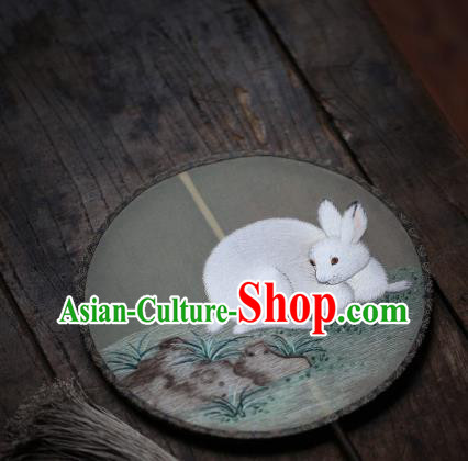 China Traditional Song Dynasty Hanfu Circular Fan Handmade Embroidered Rabbit Fan Classical Silk Palace Fan
