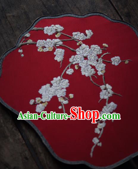 China Classical Red Silk Palace Fan Traditional Hanfu Fan Handmade Embroidered Apricot Blossom Fan