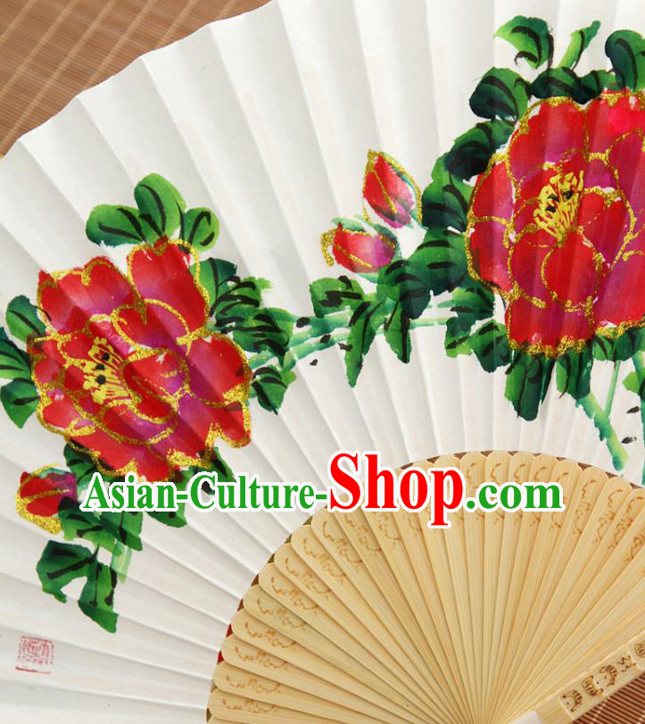 Handmade Chinese Bamboo Folding Fan Traditional Painting Peony Fan