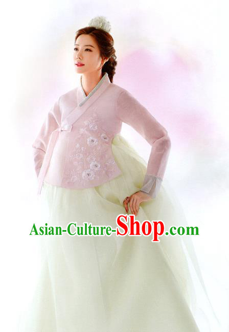 Asian Korea Wedding Pink Blouse and Yellow Dress Traditional Garments Fashion Korean Bride Hanbok Clothing