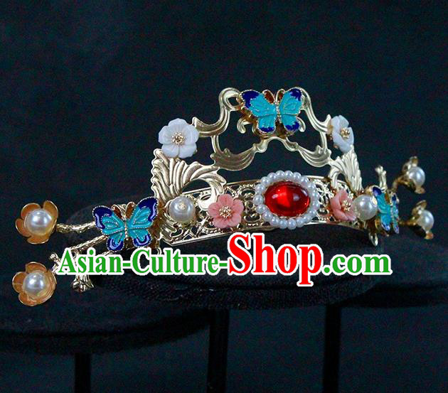 China Traditional Ming Dynasty Headwear Ancient Princess Blueing Butterfly Hair Crown