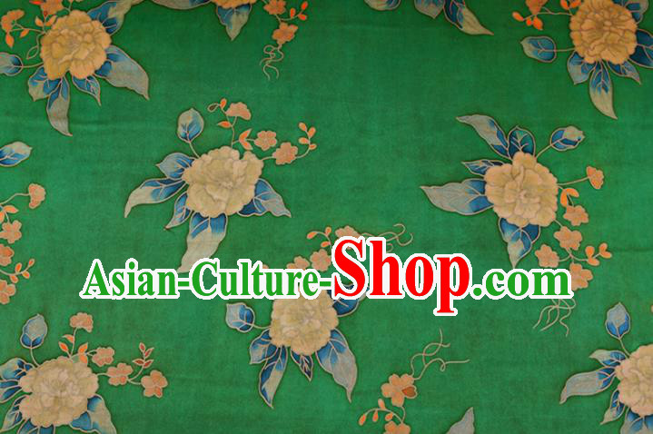 China Green Gambiered Guangdong Gauze Traditional Cheongsam Silk Fabric Classical Peony Pattern Cloth Drapery