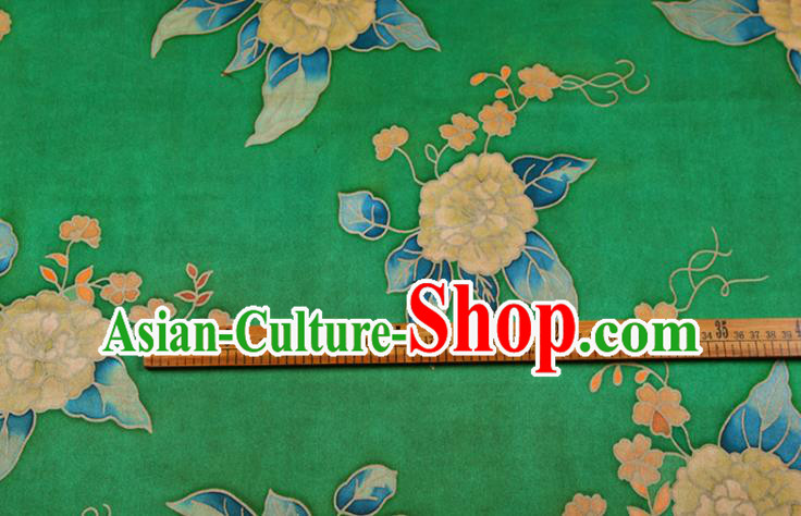 China Green Gambiered Guangdong Gauze Traditional Cheongsam Silk Fabric Classical Peony Pattern Cloth Drapery