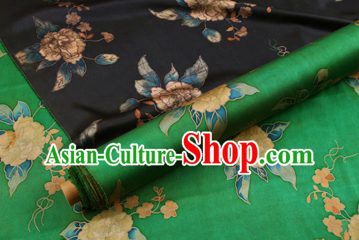China Green Gambiered Guangdong Gauze Traditional Cheongsam Silk Fabric Classical Peony Pattern Cloth Drapery
