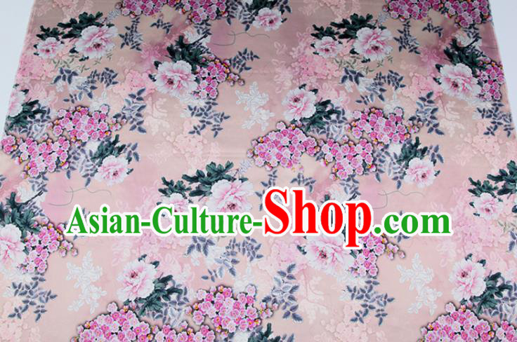 China Pink Satin Drapery Traditional Cheongsam Silk Fabric Classical Printing Peony Cloth