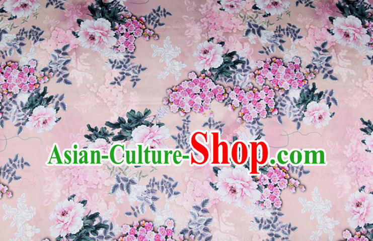 China Pink Satin Drapery Traditional Cheongsam Silk Fabric Classical Printing Peony Cloth