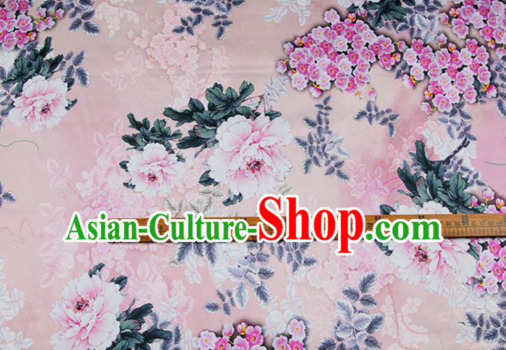 China Pink Satin Drapery Traditional Cheongsam Silk Fabric Classical Printing Peony Cloth