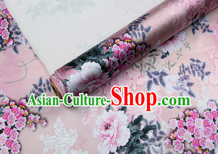 China Pink Satin Drapery Traditional Cheongsam Silk Fabric Classical Printing Peony Cloth