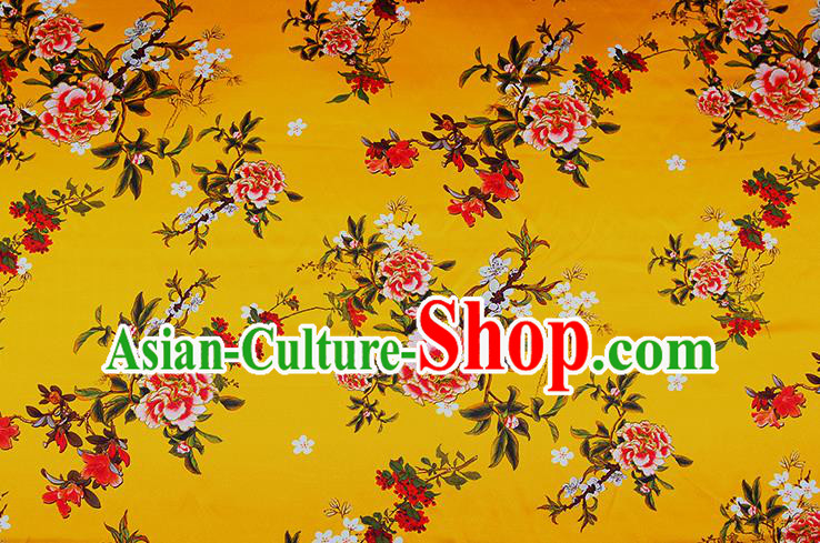 China Classical Printing Peony Cloth Yellow Satin Drapery Traditional Cheongsam Silk Fabric