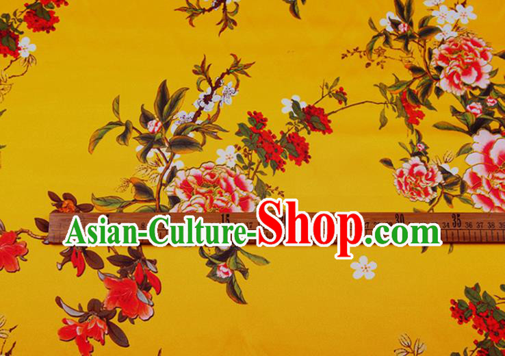 China Classical Printing Peony Cloth Yellow Satin Drapery Traditional Cheongsam Silk Fabric