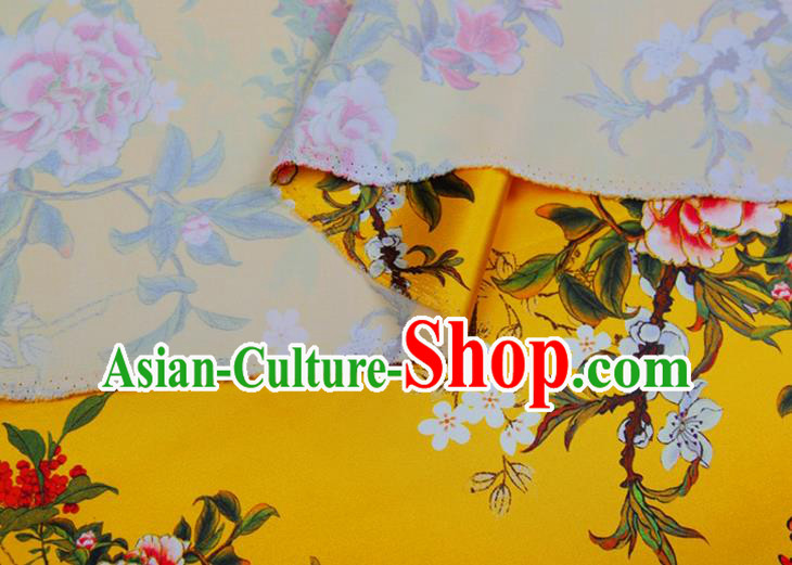China Classical Printing Peony Cloth Yellow Satin Drapery Traditional Cheongsam Silk Fabric