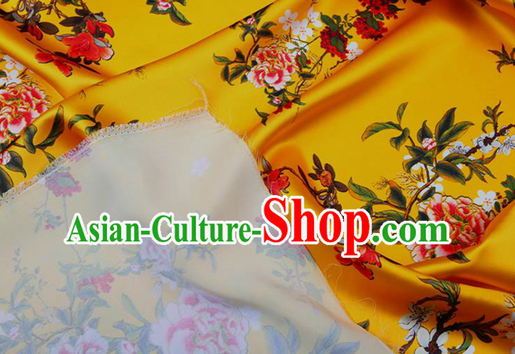 China Classical Printing Peony Cloth Yellow Satin Drapery Traditional Cheongsam Silk Fabric