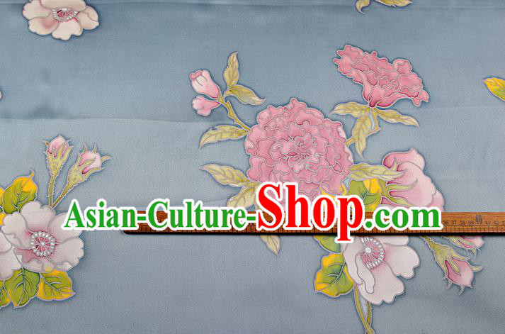 China Traditional Satin Drapery Cheongsam Silk Fabric Classical Peony Pattern Grey Brocade Cloth