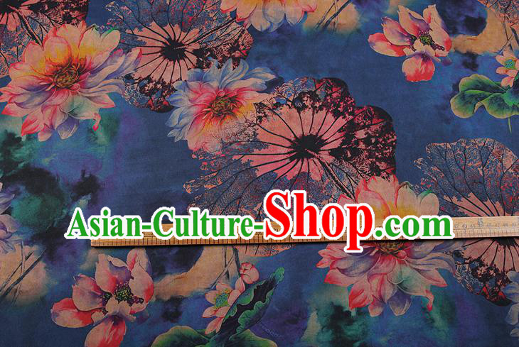 China Traditional Printing Flowers Blue Satin Drapery Silk Fabric Classical Cheongsam Gambiered Guangdong Gauze