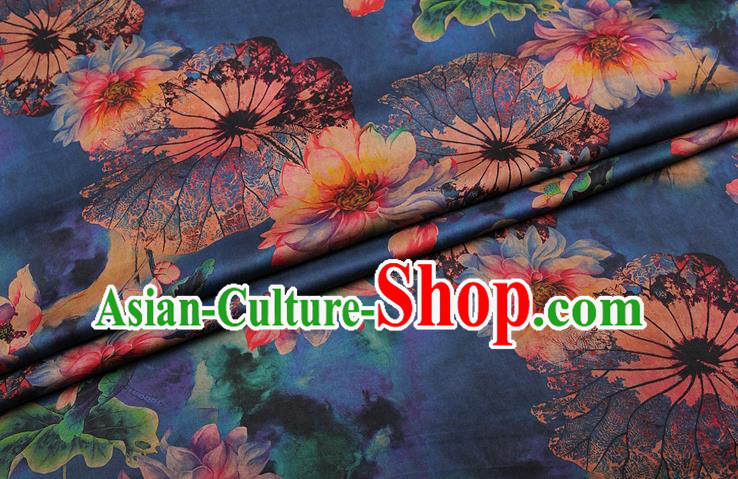 China Traditional Printing Flowers Blue Satin Drapery Silk Fabric Classical Cheongsam Gambiered Guangdong Gauze