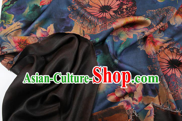 China Traditional Printing Flowers Blue Satin Drapery Silk Fabric Classical Cheongsam Gambiered Guangdong Gauze