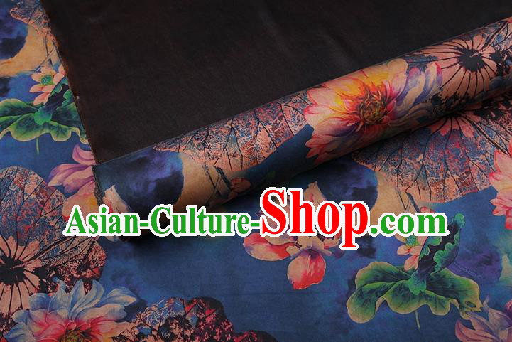 China Traditional Printing Flowers Blue Satin Drapery Silk Fabric Classical Cheongsam Gambiered Guangdong Gauze