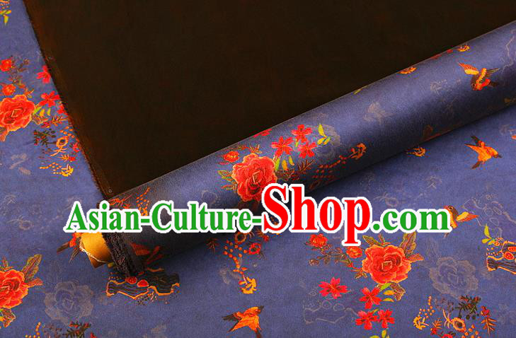 China Classical Cheongsam Gambiered Guangdong Gauze Traditional Peony Pattern Blue Brocade Drapery Silk Fabric