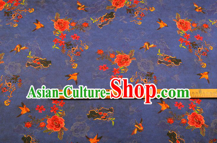 China Classical Cheongsam Gambiered Guangdong Gauze Traditional Peony Pattern Blue Brocade Drapery Silk Fabric