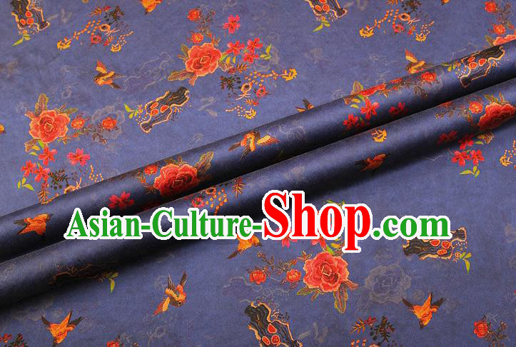 China Classical Cheongsam Gambiered Guangdong Gauze Traditional Peony Pattern Blue Brocade Drapery Silk Fabric