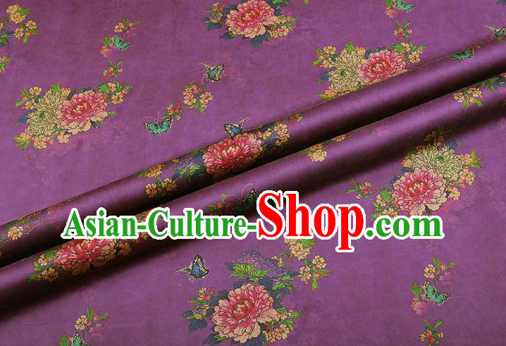 China Silk Fabric Classical Cheongsam Gambiered Guangdong Gauze Traditional Peony Pattern Purple Brocade Drapery