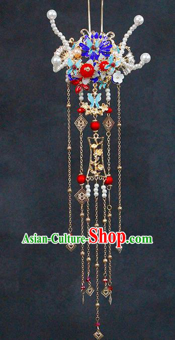 China Traditional Wedding Bride Headwear Ancient Bride Blueing Hair Comb and Tassel Hairpins
