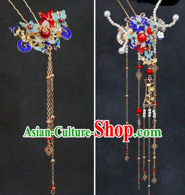 China Traditional Wedding Bride Headwear Ancient Bride Blueing Hair Comb and Tassel Hairpins