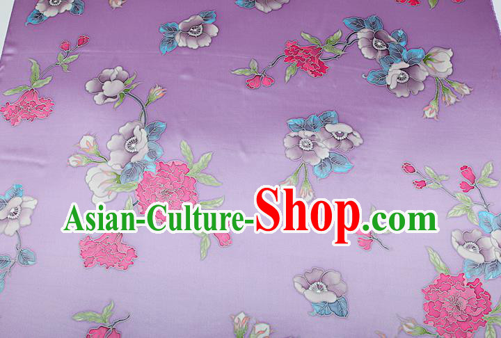 China Traditional Peony Pattern Lilac Brocade Printing Silk Fabric Classical Cheongsam Satin Drapery