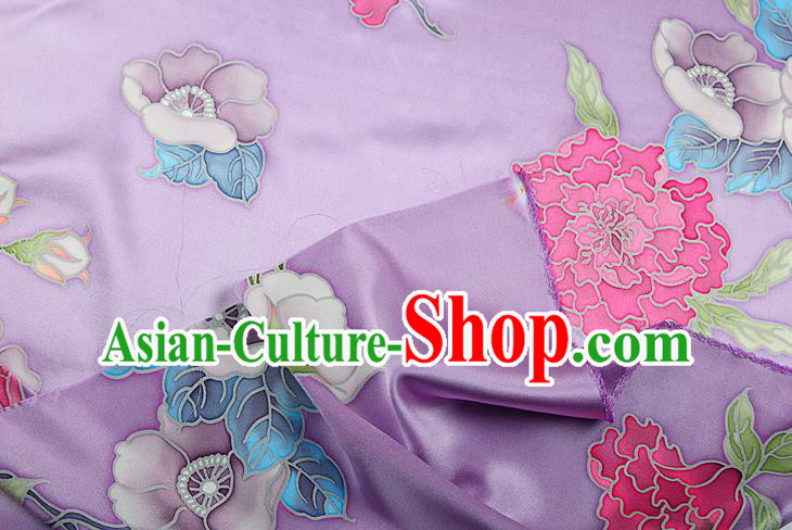 China Traditional Peony Pattern Lilac Brocade Printing Silk Fabric Classical Cheongsam Satin Drapery