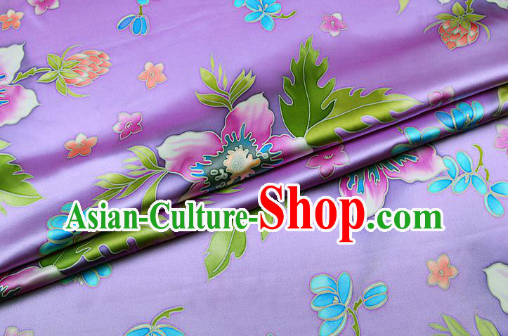 China Printing Silk Fabric Classical Cheongsam Satin Drapery Traditional Flowers Pattern Lilac Brocade