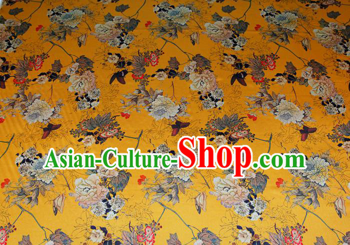 China Classical Cheongsam Printing Peony Yellow Satin Drapery Traditional Brocade Silk Fabric