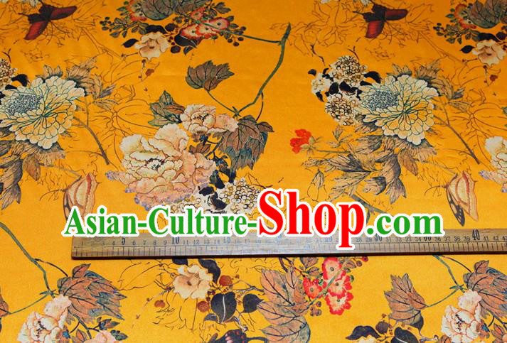 China Classical Cheongsam Printing Peony Yellow Satin Drapery Traditional Brocade Silk Fabric