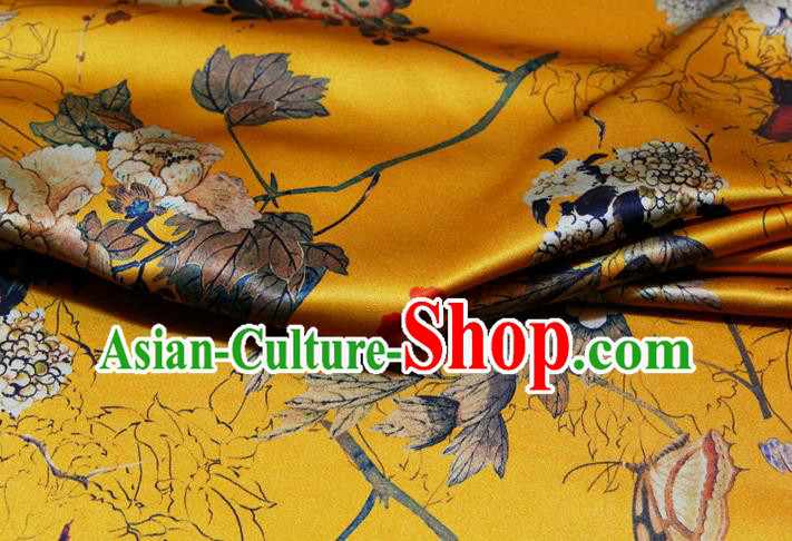 China Classical Cheongsam Printing Peony Yellow Satin Drapery Traditional Brocade Silk Fabric