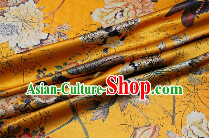 China Classical Cheongsam Printing Peony Yellow Satin Drapery Traditional Brocade Silk Fabric