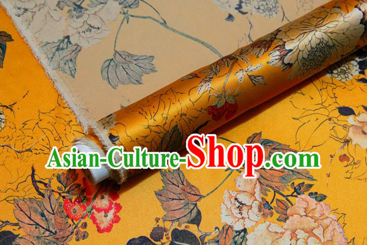 China Classical Cheongsam Printing Peony Yellow Satin Drapery Traditional Brocade Silk Fabric