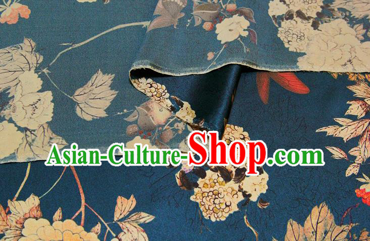China Traditional Brocade Silk Fabric Classical Cheongsam Printing Peony Peacock Blue Satin Drapery