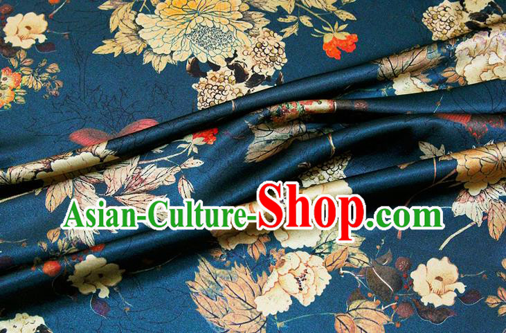 China Traditional Brocade Silk Fabric Classical Cheongsam Printing Peony Peacock Blue Satin Drapery