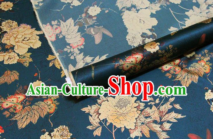 China Traditional Brocade Silk Fabric Classical Cheongsam Printing Peony Peacock Blue Satin Drapery