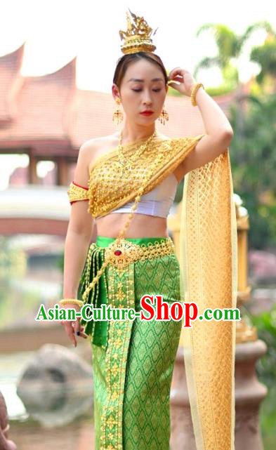 Asian Thai Female Folk Dance Embroidery Beads Uniforms Clothing Thailand Princess Green Dress