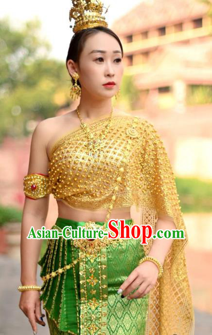 Asian Thai Female Folk Dance Embroidery Beads Uniforms Clothing Thailand Princess Green Dress