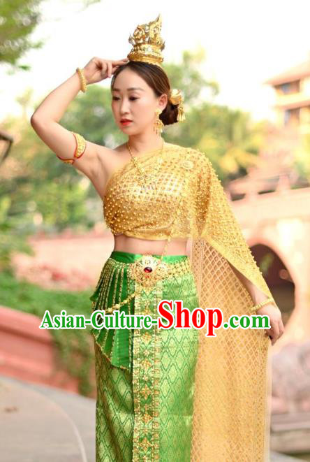 Asian Thai Female Folk Dance Embroidery Beads Uniforms Clothing Thailand Princess Green Dress