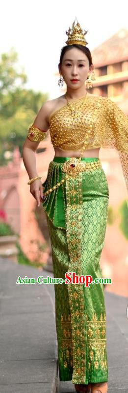 Asian Thai Female Folk Dance Embroidery Beads Uniforms Clothing Thailand Princess Green Dress