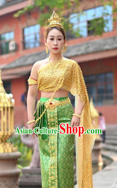 Asian Thai Female Folk Dance Embroidery Beads Uniforms Clothing Thailand Princess Green Dress