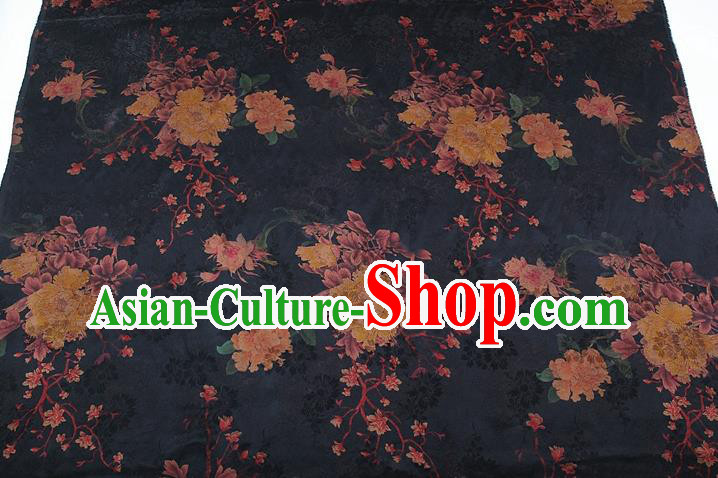 China Classical Cheongsam Peony Pattern Brocade Navy Gambiered Guangdong Gauze Traditional Silk Fabric