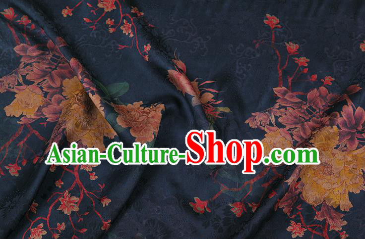 China Classical Cheongsam Peony Pattern Brocade Navy Gambiered Guangdong Gauze Traditional Silk Fabric