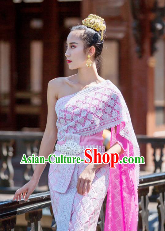 Asian Thai Folk Dance Clothing Traditional Thailand Court Princess Rosy Dress Uniforms