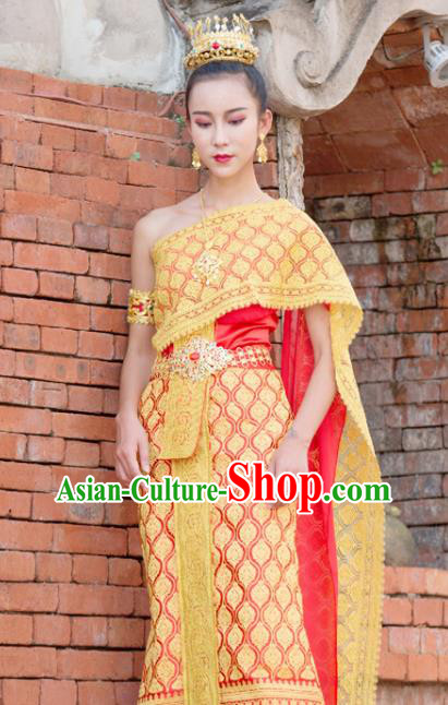 Traditional Thailand Court Princess Yellow Dress Uniforms Asian Thai Folk Dance Clothing